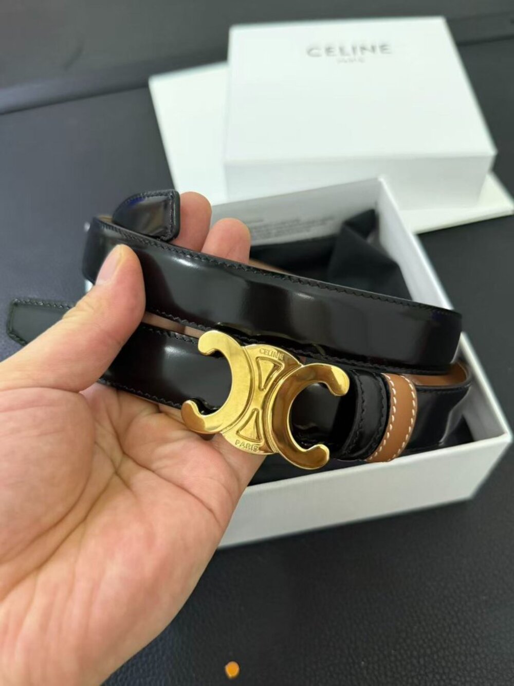 New Celine Triomphe Reversible Leather Belt